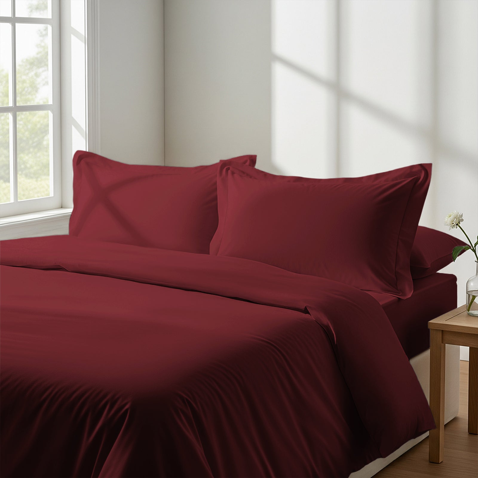 Calm luxurious bedroom bed with Rio red Pizuna Linens cotton duvet cover single size